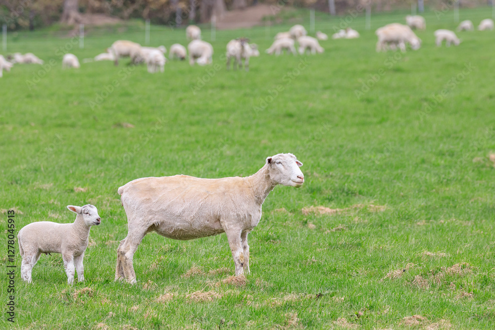 Obraz premium 北海道占冠村、お散歩する羊の親子【5月】