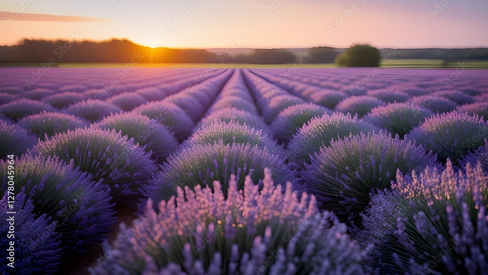 Fototapeta premium Lavender Field Sunset: Rows of Purple Blooms at Golden Hour