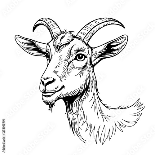 Elegant Goat Head Illustration – Black and White Farm Animal Drawing