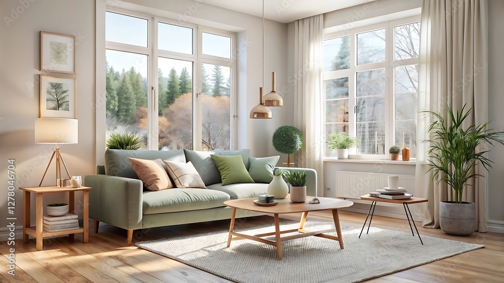 Fototapeta premium Minimalist Scandinavian style living room with modern decor elements