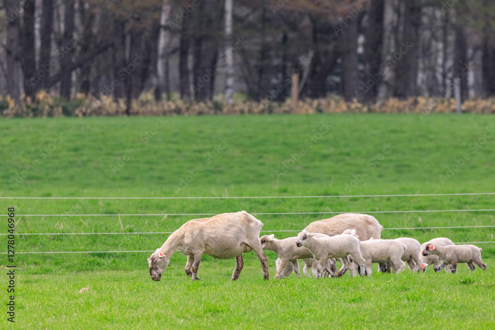 Obraz premium 北海道占冠村、お散歩する羊の親子【5月】