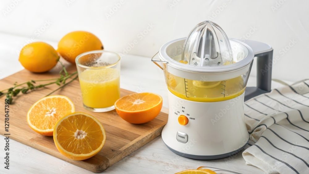 Citrus Juicer with Oranges and Juice on White Background Citrus Juicer with Oranges and Juice on White Background