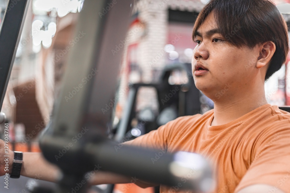 Fat man overweight exercise efforts in gym exhausted yet determined workout journey Fat man overweight exercise efforts in gym exhausted yet determined workout journey