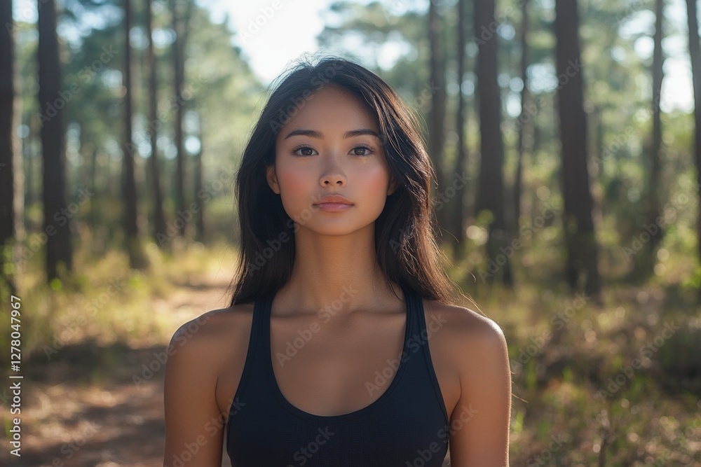 Young woman stands confidently in a sunlit forest, surrounded by tall trees and natural beauty Young woman stands confidently in a sunlit forest, surrounded by tall trees and natural beauty