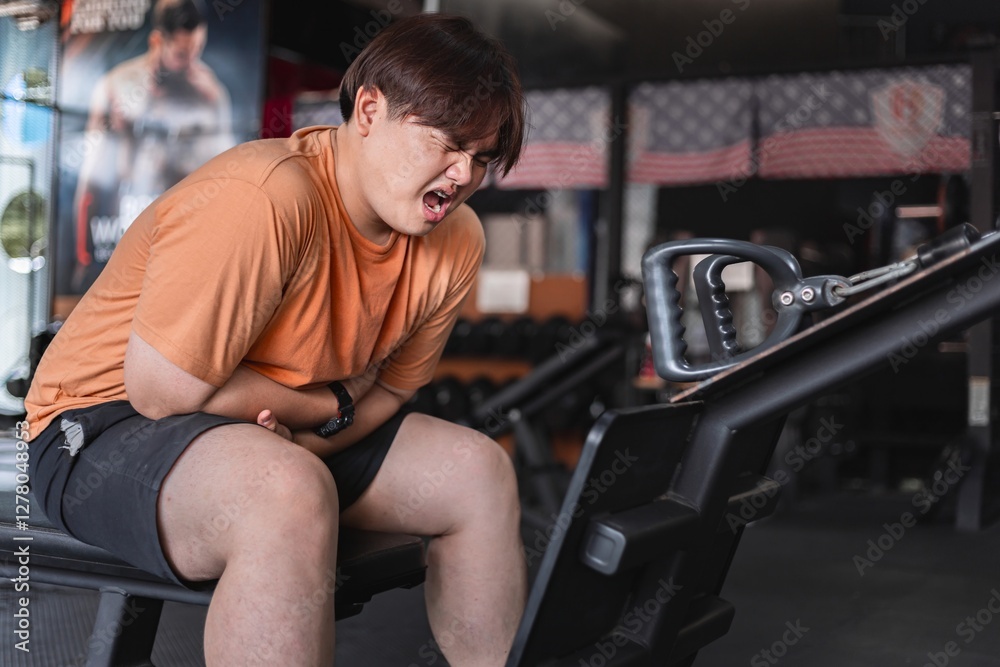 Tired overweight man exhausted from exercise at gym struggling with fitness goals Tired overweight man exhausted from exercise at gym struggling with fitness goals