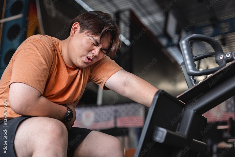 Exhausted overweight man struggles with exercise at gym fatigue and effort highlighted Exhausted overweight man struggles with exercise at gym fatigue and effort highlighted
