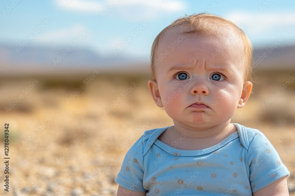 Curious baby explores a vast desert landscape on a sunny day Curious baby explores a vast desert landscape on a sunny day