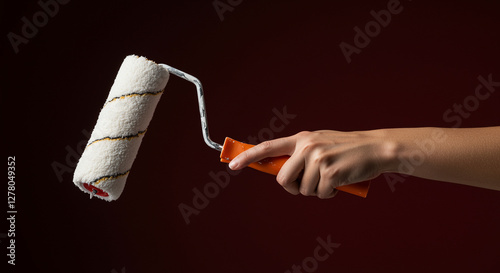 Paint roller in hand on dark background. Paint roller with orange handle held by a hand. Painting tool in use photo