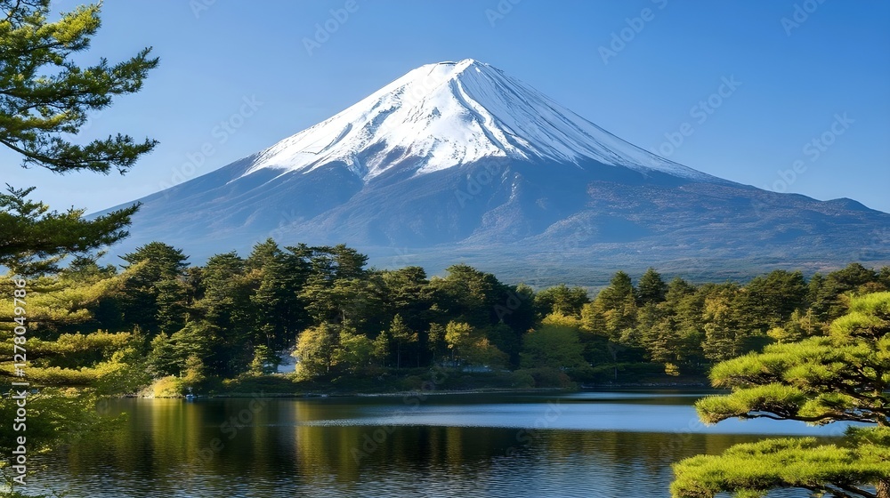 Mount Fuji reflected in a serene lake with lush greenery in the foreground Mount Fuji reflected in a serene lake with lush greenery in the foreground