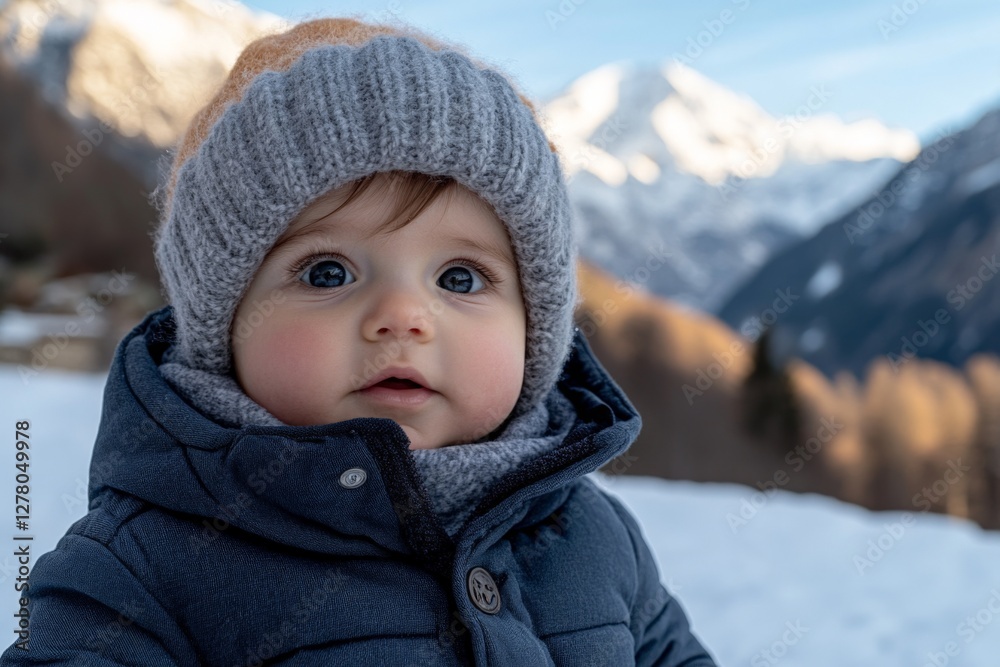 Child enjoying a snowy day in the mountains with a warm outfit and serene expression Child enjoying a snowy day in the mountains with a warm outfit and serene expression