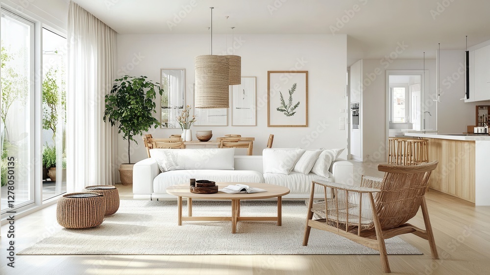 Bright and airy white living room featuring stylish Scandinavian furniture and abundant natural light. Bright and airy white living room featuring stylish Scandinavian furniture and abundant natural light.