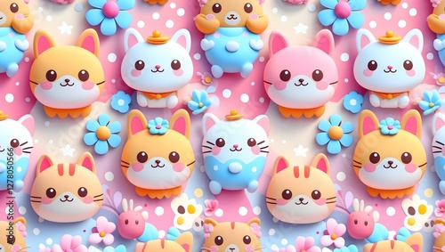 Adorable Kawaii Cats and Bears Characters Pattern, Top-Down Arrangement with Flowers on Polkadot Background, Sweet Spring Motif for Baby Bedding Fabric Design