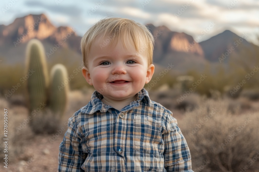 Joyful toddler smiles in front of majestic mountain landscape during golden hour Joyful toddler smiles in front of majestic mountain landscape during golden hour