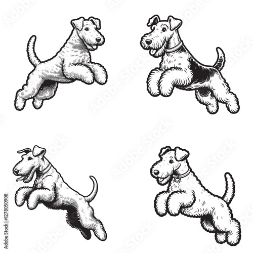 Detailed Cute Airedale Terrier Cartoon Vector Silhouettes in Jumping Pose