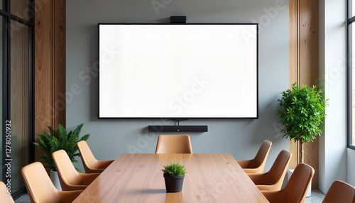 A blank presentation screen mockup set in a modern office environment with natural sunlight and green plants. Perfect for showcasing business branding, corporate visuals, or educational materials