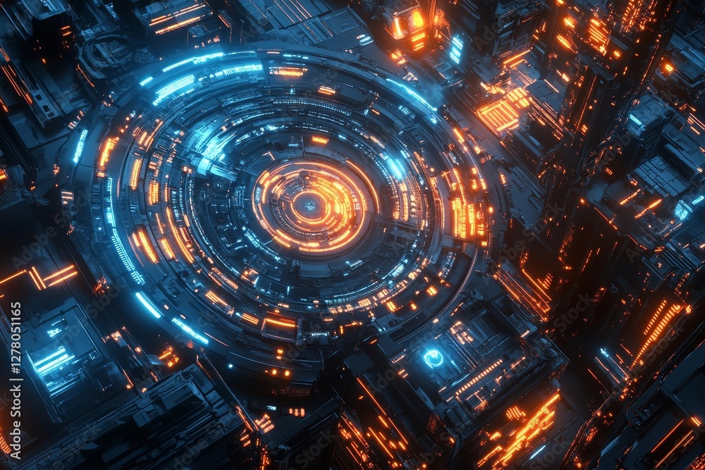 Fototapeta premium futuristic city with circular glowing lights and technology.