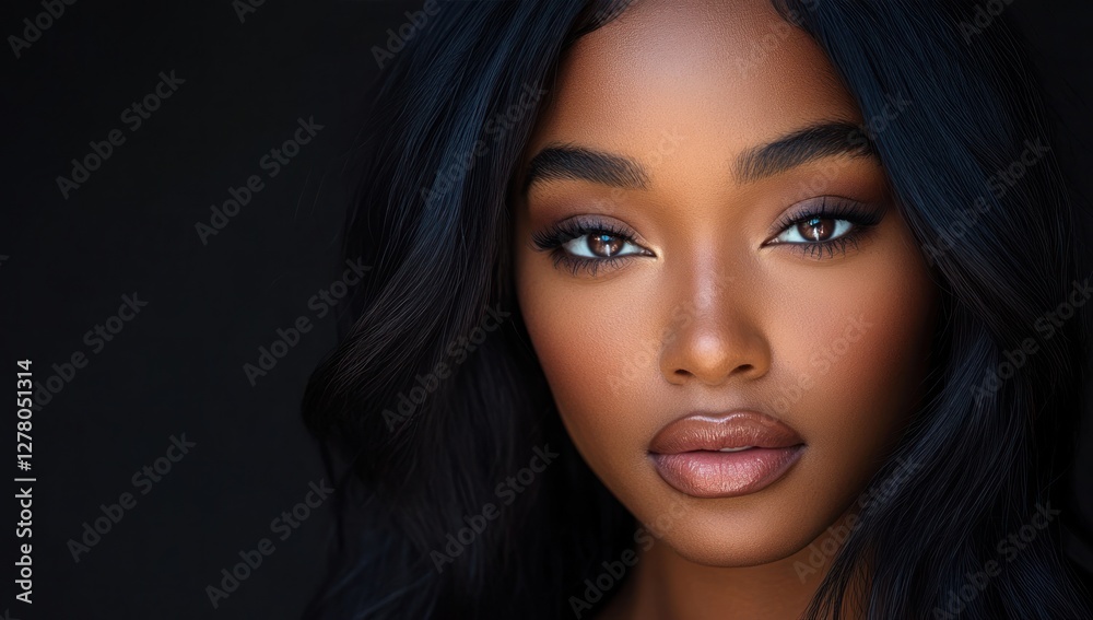 Fototapeta premium A close-up portrait of a beautiful black woman with long shiny hair and make-up . Haircare, beauty and cosmetics concept.