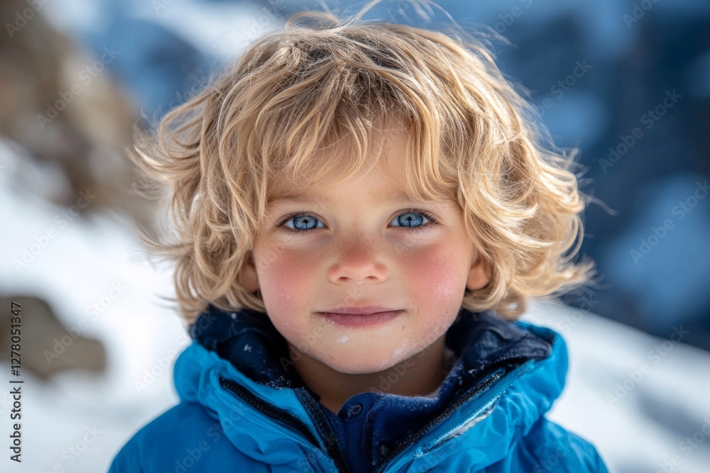 Young child with blonde curls smiles joyfully in snowy mountain landscape on a bright sunny day Young child with blonde curls smiles joyfully in snowy mountain landscape on a bright sunny day