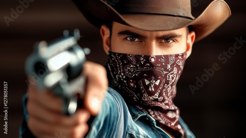Cowboy with bandana aiming revolver in dramatic western setting with intense gaze and focused expression