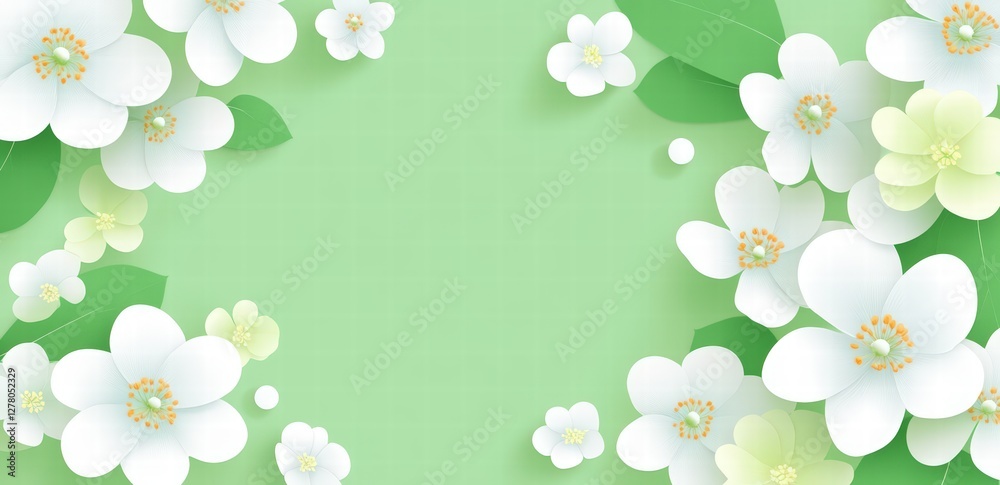 Spring background with pastel green and white flowers. Springtime banner template for design, text Spring in the center on the background. Spring background with pastel green and white flowers. Springtime banner template for design, text Spring in the center on the background.