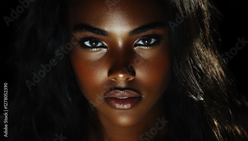 A close-up portrait of a beautiful black woman with long shiny hair and make-up . Haircare, beauty and cosmetics concept.