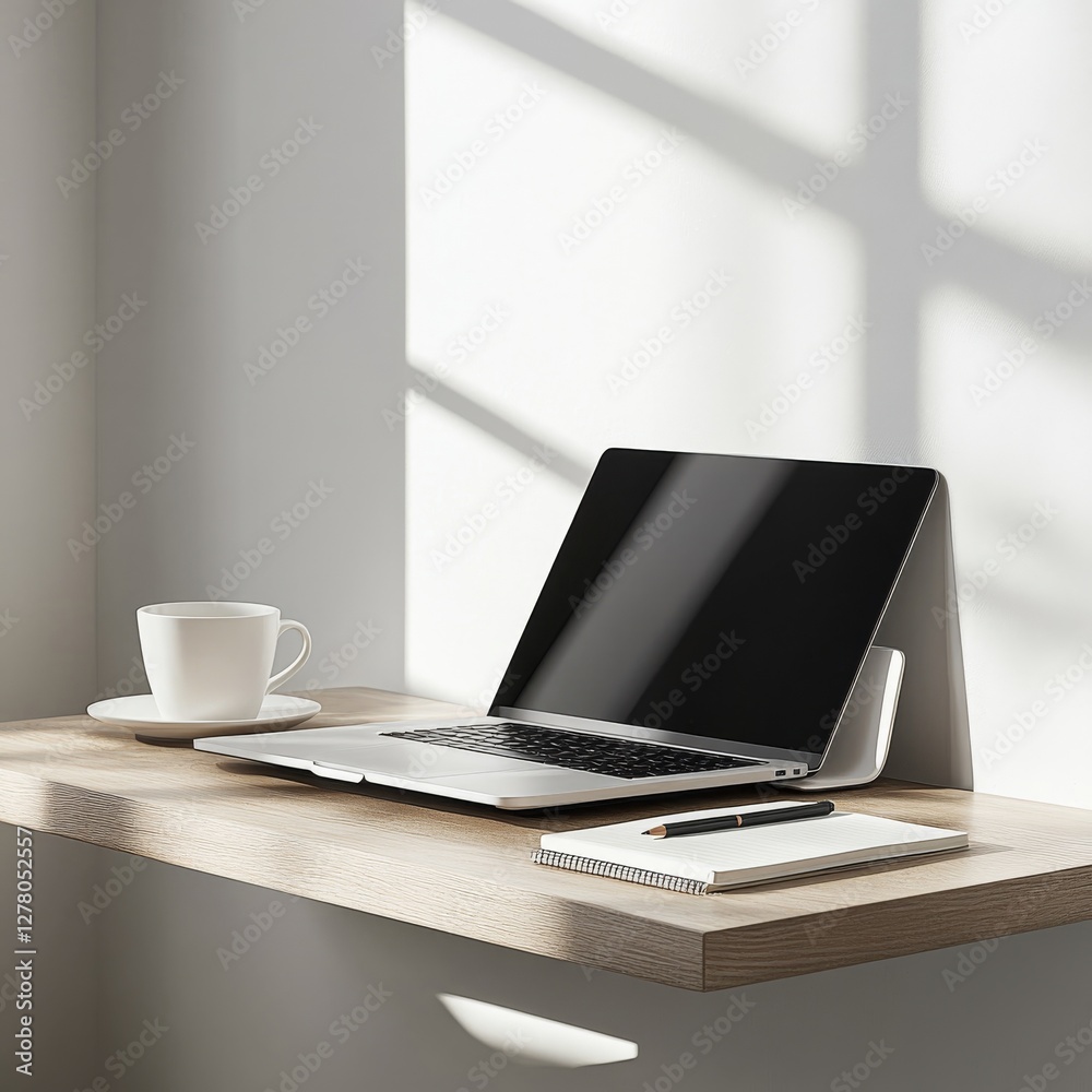 Minimalist Workspace: Laptop, Coffee, and Notes on a Sunny Desk for Productivity and Inspiration Minimalist Workspace: Laptop, Coffee, and Notes on a Sunny Desk for Productivity and Inspiration
