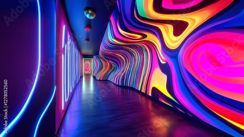 Futuristic neon corridor with vivid psychedelic colors and curved patterns