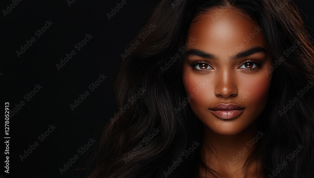 Fototapeta premium A close-up portrait of a beautiful black woman with long shiny hair and make-up . Haircare, beauty and cosmetics concept.