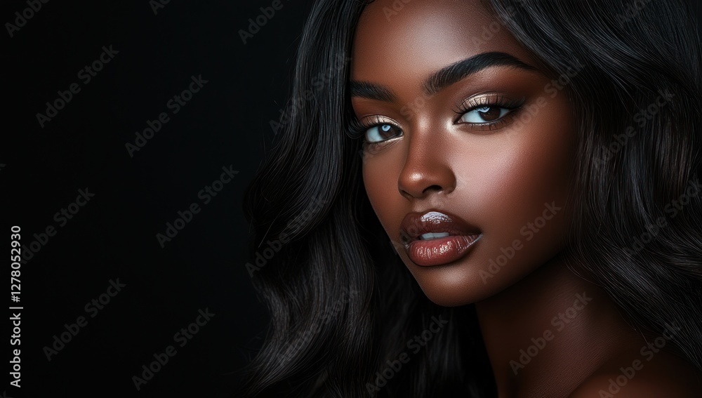 Fototapeta premium A close-up portrait of a beautiful black woman with long shiny hair and make-up . Haircare, beauty and cosmetics concept.