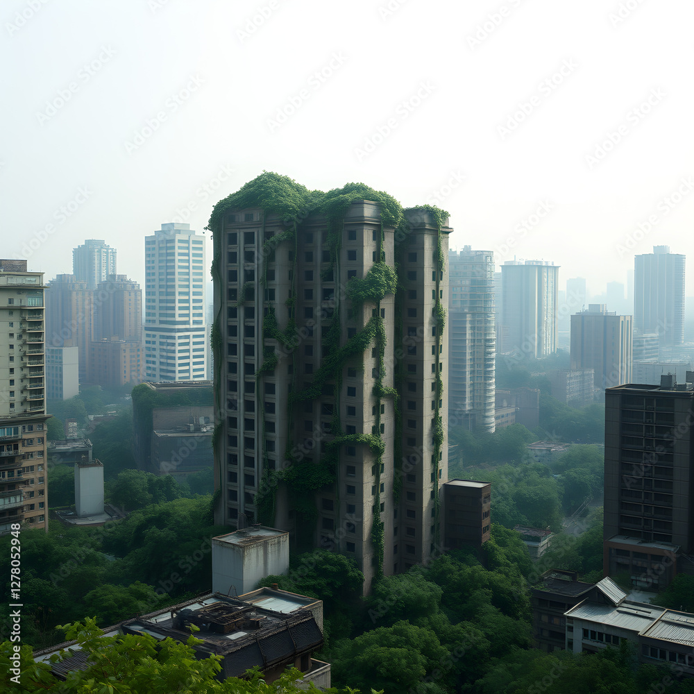 Obraz premium A post-apocalyptic city overgrown with nature, where vines crawl up the ruins of skyscrapers. The scene is peaceful yet haunting, showing the power of time and nature reclaiming the world.