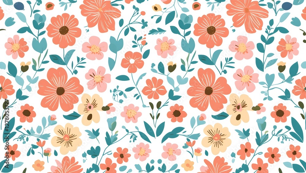 custom made wallpaper toronto digitalCheerful Spring Floral Pattern Featuring Orange and Pink Blossoms with Green Foliage on Clean White, Perfect for Home Decor and Fabric Prints