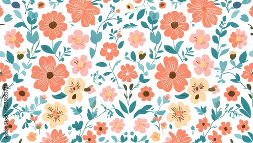 Wallpaper Mural Cheerful Spring Floral Pattern Featuring Orange and Pink Blossoms with Green Foliage on Clean White, Perfect for Home Decor and Fabric Prints Torontodigital.ca