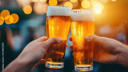 Cheers to friendship with two glasses of beer at sunset