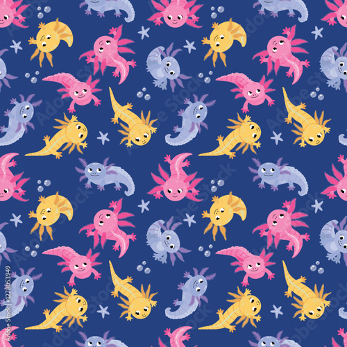 Seamless pattern with axolotl. Design for fabric, textile, wallpaper, packaging	
