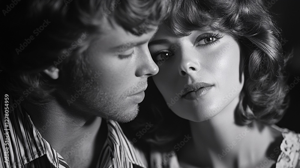 Fototapeta premium A beautiful couple posing closely together in a classic black and white style