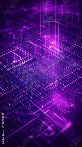 Abstract purple technical drawing with lines and grid, representing technology, engineering, or architectural design concepts.