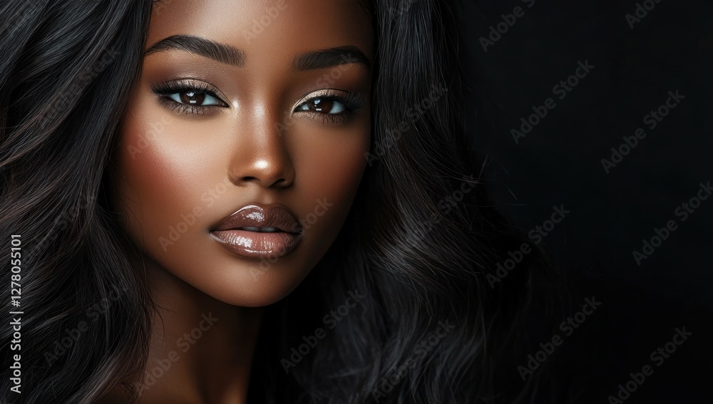A close-up portrait of a beautiful black woman with long shiny hair and make-up . Haircare, beauty and cosmetics concept. A close-up portrait of a beautiful black woman with long shiny hair and make-up . Haircare, beauty and cosmetics concept.