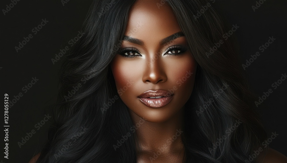 Fototapeta premium A close-up portrait of a beautiful black woman with long shiny hair and make-up . Haircare, beauty and cosmetics concept.