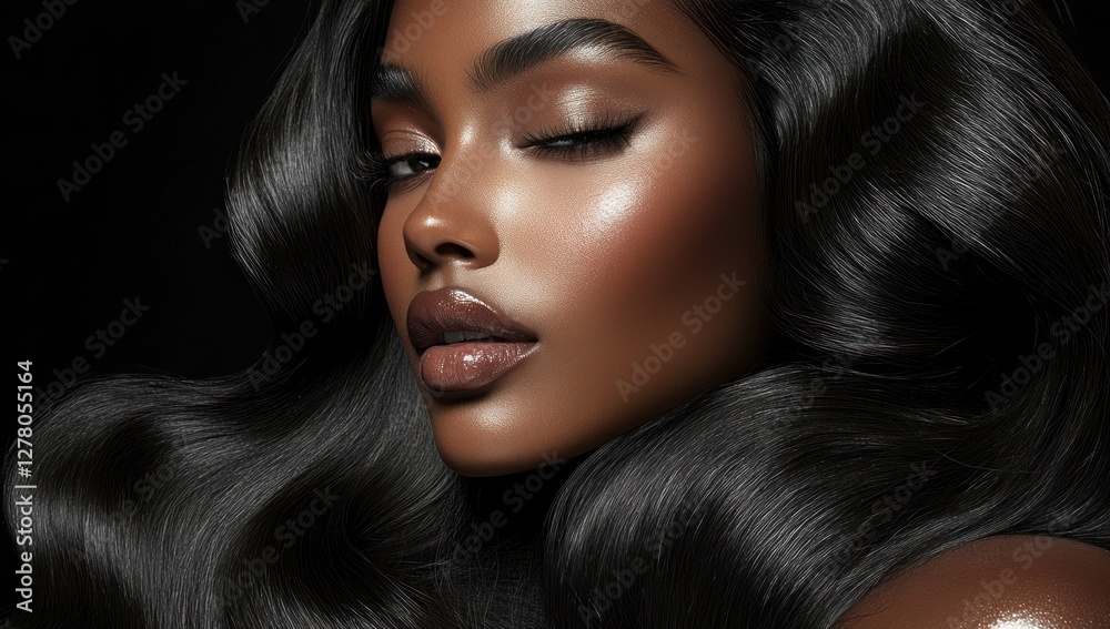Obraz premium A close-up portrait of a beautiful black woman with long shiny hair and make-up . Haircare, beauty and cosmetics concept.