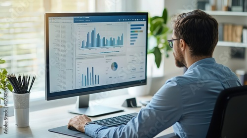 A professional analyzing company development data on a screen, representing business growth, performance tracking, and data-driven decision-making. Perfect for corporate use, reports, presentations,