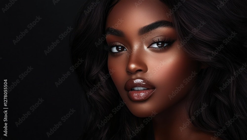 Fototapeta premium A close-up portrait of a beautiful black woman with long shiny hair and make-up . Haircare, beauty and cosmetics concept.