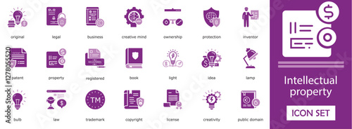 Intellectual property  icon set.  with  original, trade, legal, business,   patent, property, public domain and more filled icons. solid illustration 