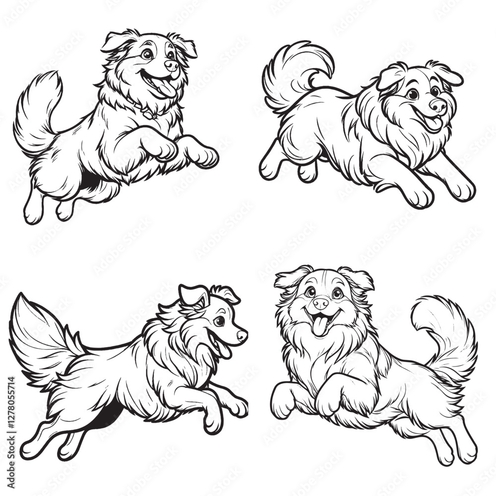 Naklejka premium High-Quality Cute Cartoonic Australian Shepherd Jumping Pose Vector Illustrations