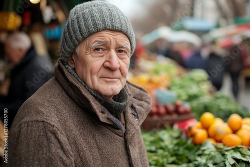 Elderly man with warm expression stands at bustling outdoor market filled with vibrant fruits and vegetables in autumn