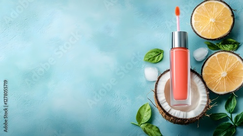 Closeup photograph of a vibrant coral colored waterproof lip stain bottle resting on a tropical coconut with a straw showcasing the product s natural photo