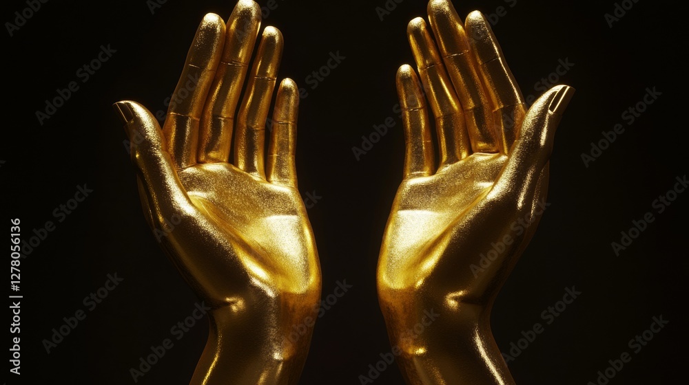 Gold mannequin hands in a 3D render, isolated on a black background, symbolizing prayer, fashion, or sacred gestures Gold mannequin hands in a 3D render, isolated on a black background, symbolizing prayer, fashion, or sacred gestures