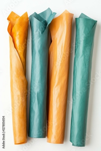 Colorful Wrapping Paper Rolls in Orange and Aqua Tones Displayed on a White Background for Crafting and Gift Wrapping Projects