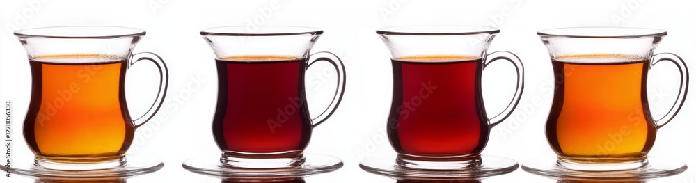 Four teacups, various shades, white background, studio shot, beverage menu Four teacups, various shades, white background, studio shot, beverage menu