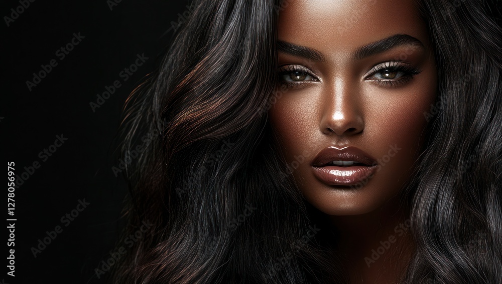 Fototapeta premium A close-up portrait of a beautiful black woman with long shiny hair and make-up . Haircare, beauty and cosmetics concept.