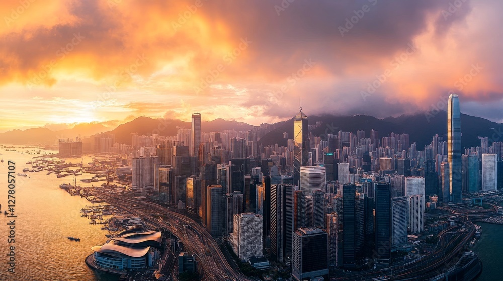 Fototapeta premium Beautiful Hong Kong skyline at sunrise with vibrant colors over the harbor, showcasing iconic skyscrapers, buildings, and the tranquil water reflecting the morning light.